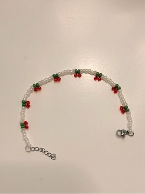 Homemade Pearl-Look Beaded Bracelet with Red and Green Accents Cherrys